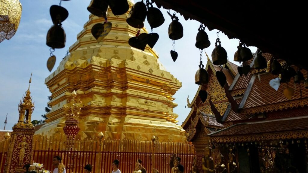 Chiang Mai: The golden chedi framed by temple bells, Chiang Mai